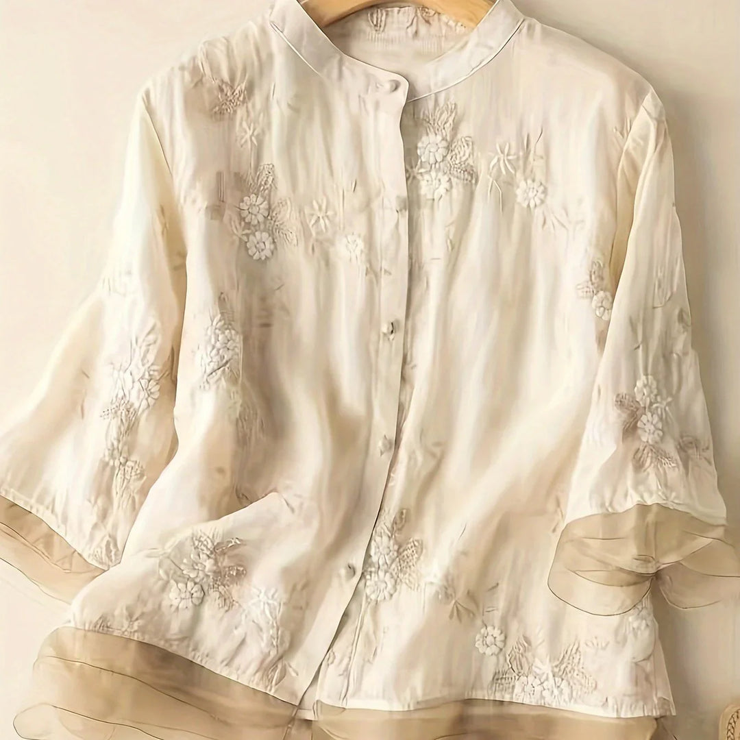 Embroidered Floral Blouse | Eliza | Button Closure | Fashionable-M-Apricot-The Livary