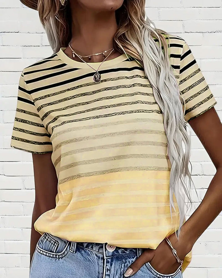 Striped women's T-shirt with round neckline & gradient – Melia-Yellow-S-The Livary