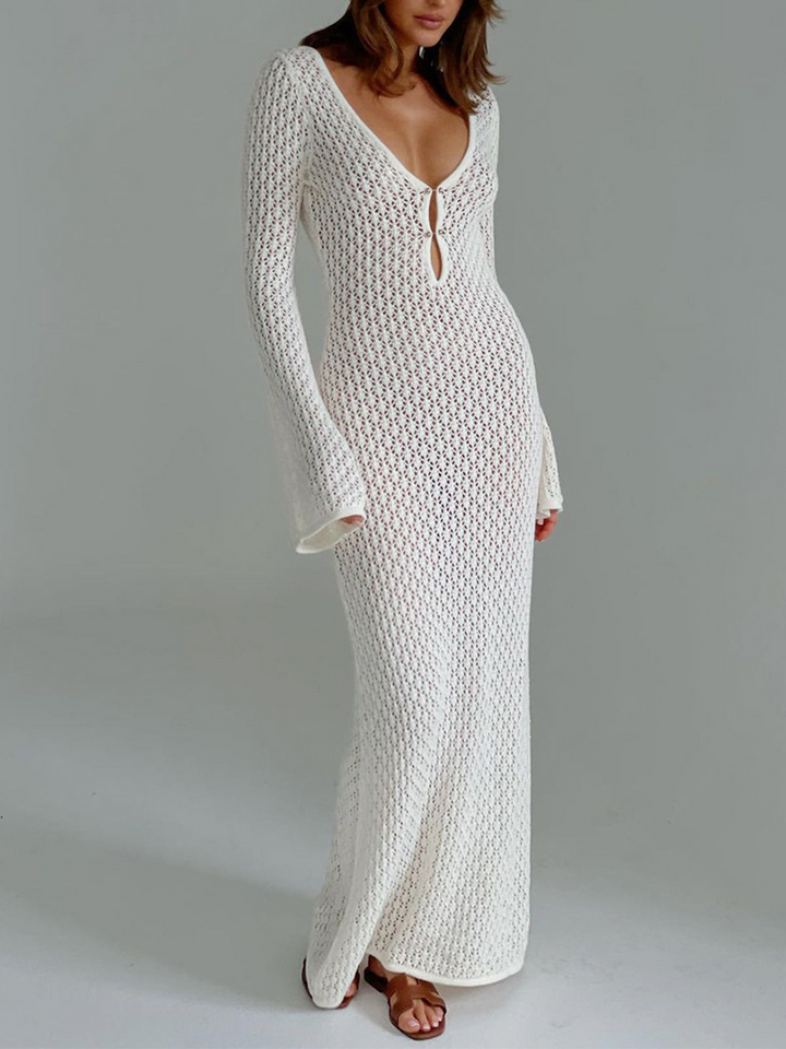 Long women's beach dress with back cutout and V-neck – Celina-White-XS-The Livary