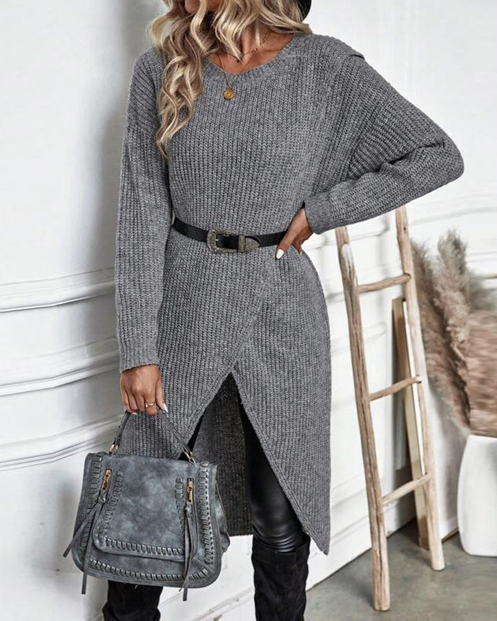 Stylish Plain Sweater Dress - Lina-Gray-S-The Livary