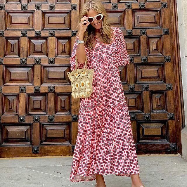 Printed maxi dress with waist band – Aurelia-Red-S-The Livary