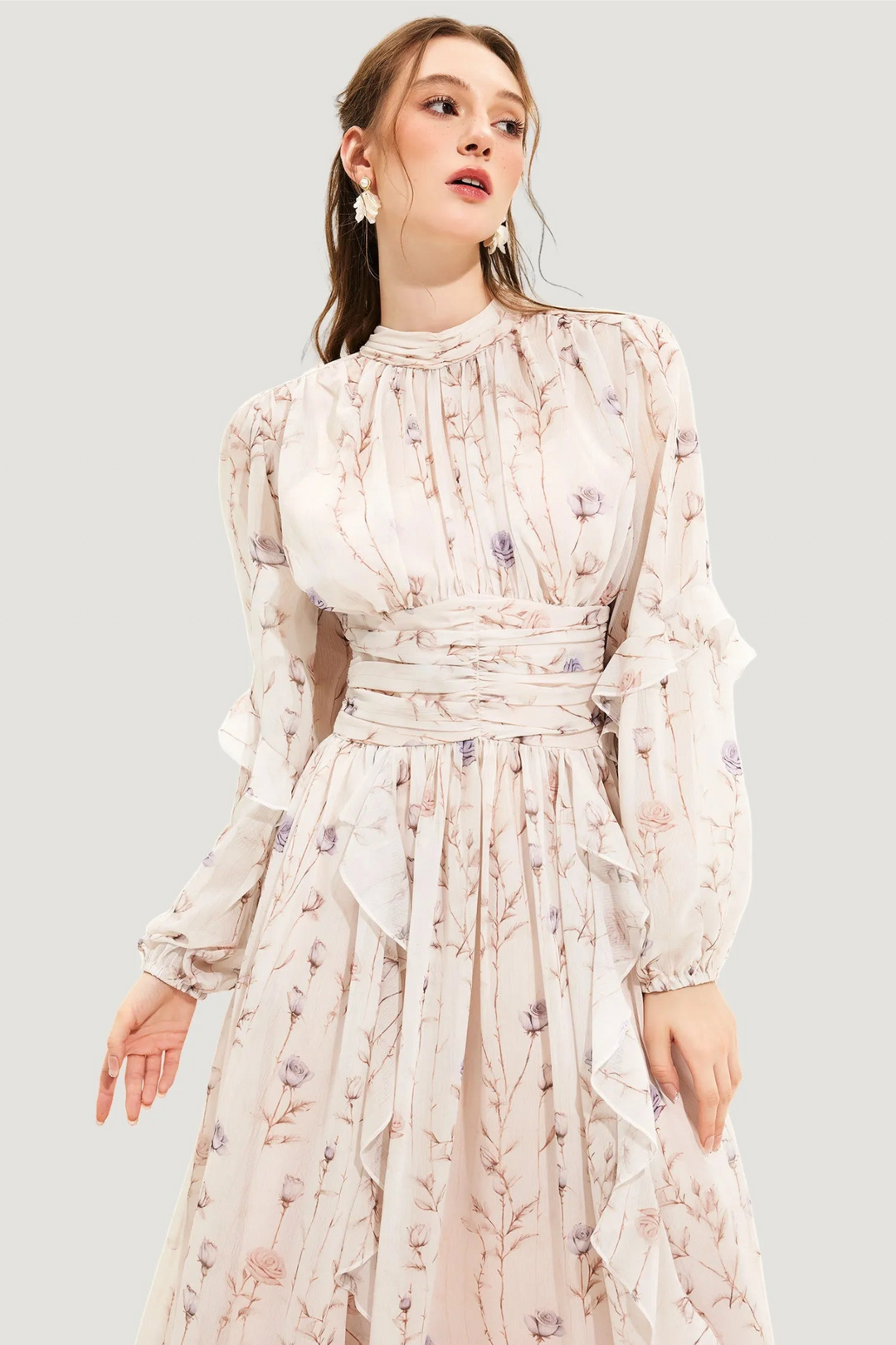 Summer dress with floral pattern and pleated skirt – Alina-Beige-S-The Livary