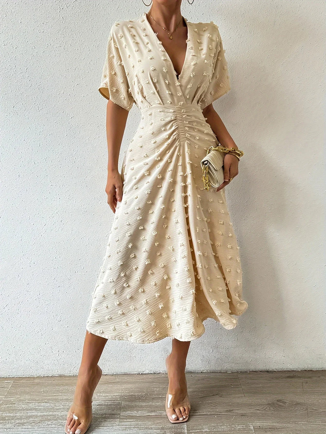 Refined Pleated Midi Dress with Ruffles | Evening Dress-S-Apricot-The Livary
