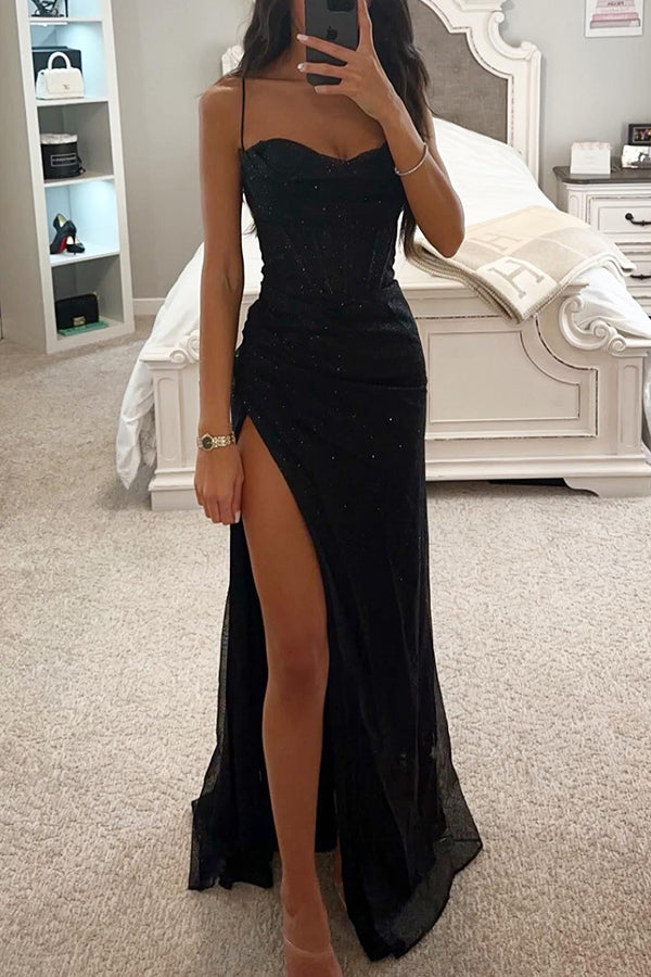 Evening dress with glitter and thigh slit for ladies - Lorena-Black-S-The Livary