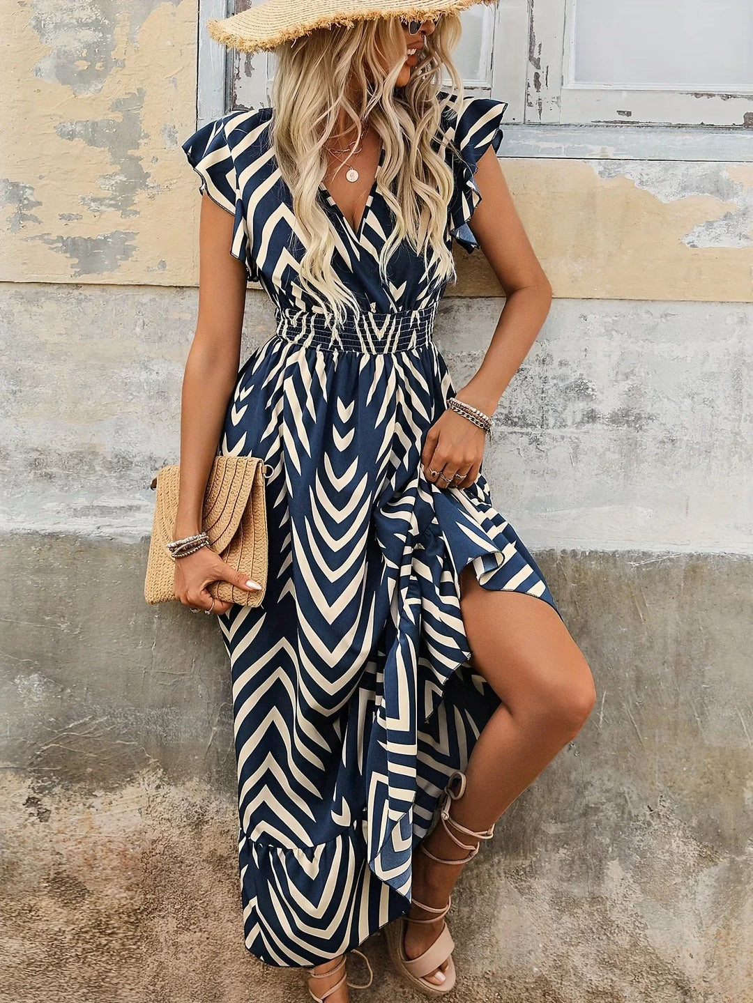 Twisted Waist Dress with Print | Isabella | Stylish and Chic-S-Blue-The Livary