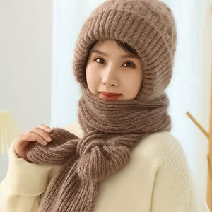 Warm Ladies Beanie with Integrated Scarf - Nora-Khaki-The Livary