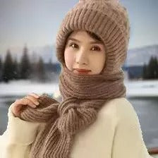 Warm Ladies Beanie with Integrated Scarf - Nora-Khaki-The Livary