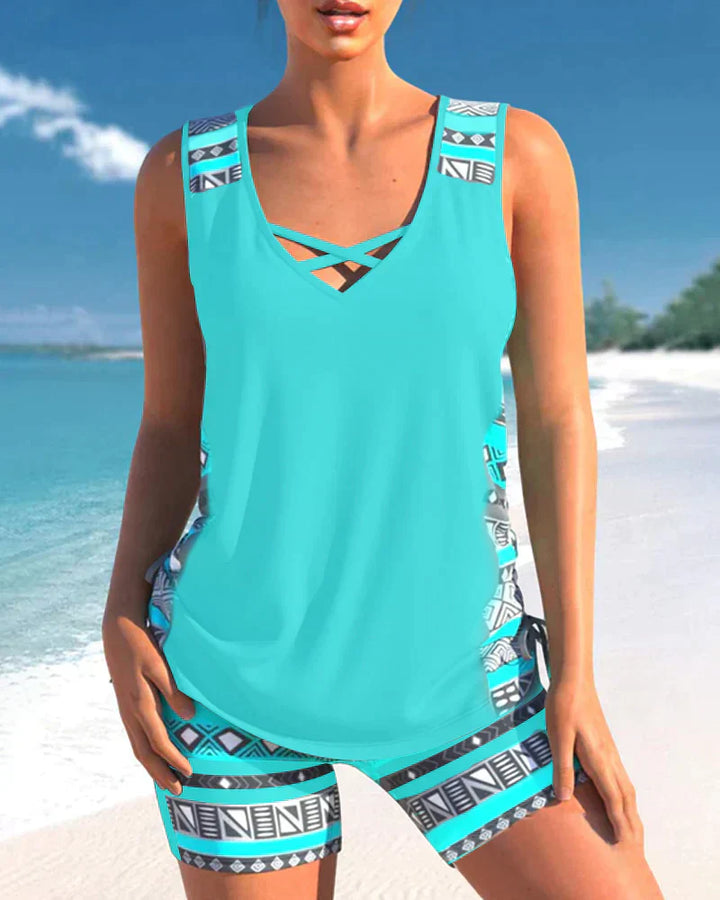 Trendy swimwear with V-neck and geometric pattern – Tankini set Madonna-Cyan-S-The Livary