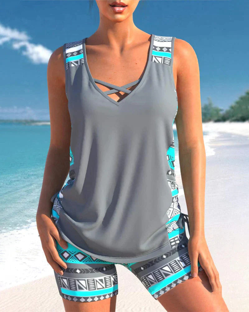 Trendy swimwear with V-neck and geometric pattern – Tankini set Madonna-Gray-S-The Livary