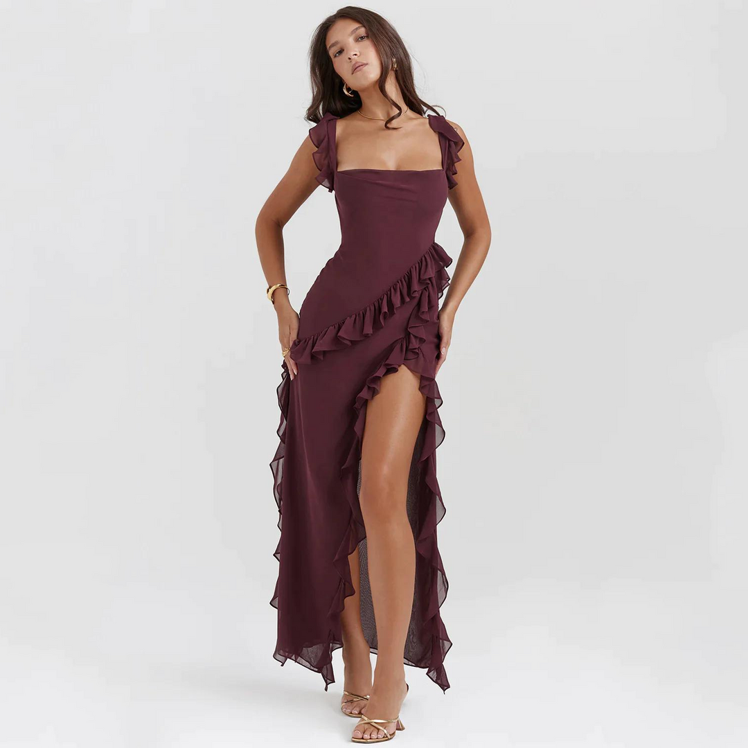 Trendy women's maxi dress with ruffles & chiffon for summer – Amira-Burgundy red-S-The Livary
