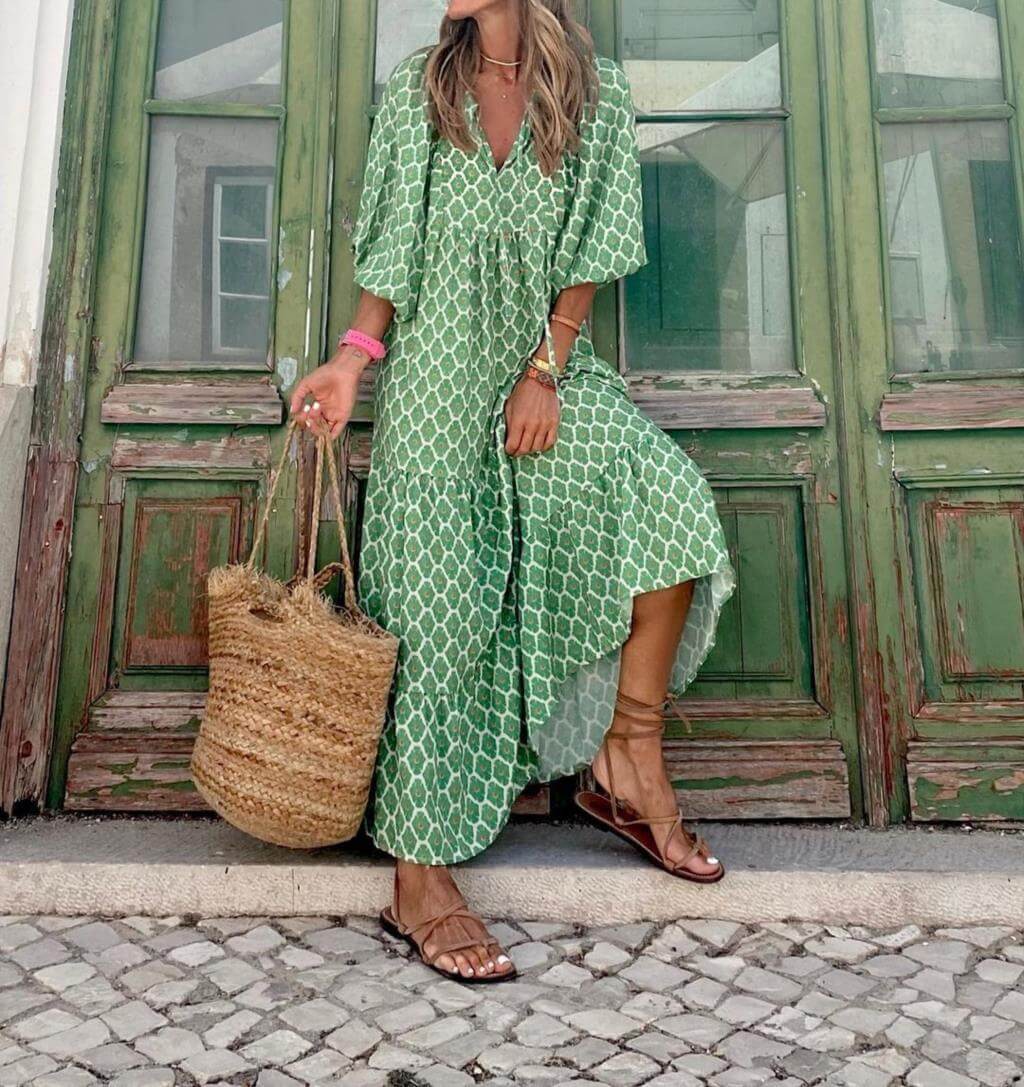 Printed maxi dress with waist band – Aurelia-Red-S-The Livary