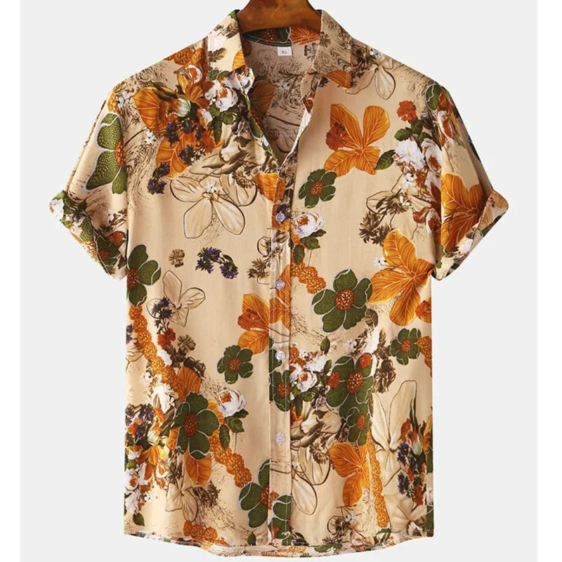 Light & Stylish Tropical Shirt with Floral Pattern for Men – Mateo-Brown-Orange-S-The Livary