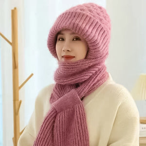 Warm Ladies Beanie with Integrated Scarf - Nora-Khaki-The Livary
