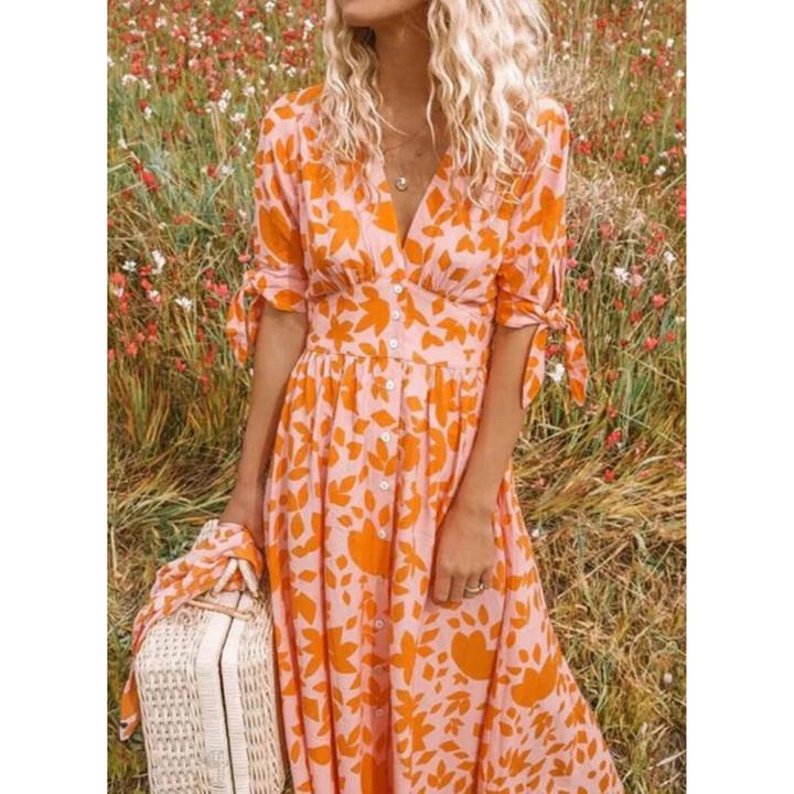 Flowing women's maxi dress with V-neck & tie sleeves - Soraya-Orange-S-The Livary