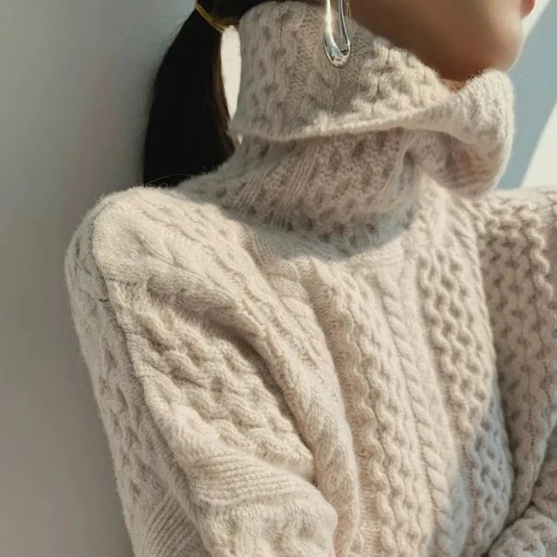 Luxury Cashmere Turtleneck with Checkered Pattern - Celeste-Beige-XS-The Livary