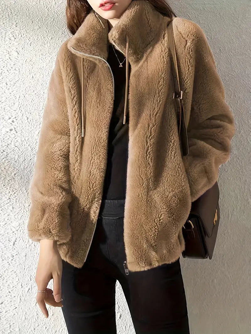 Hooded Teddy Jacket with Drawstring and Zip - Isla-Khaki-S-The Livary