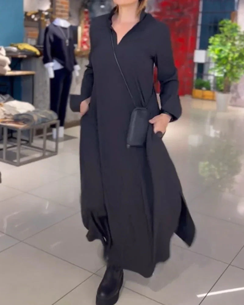 Long Loose Dress with Side Slit - Noémie-Black-S-The Livary