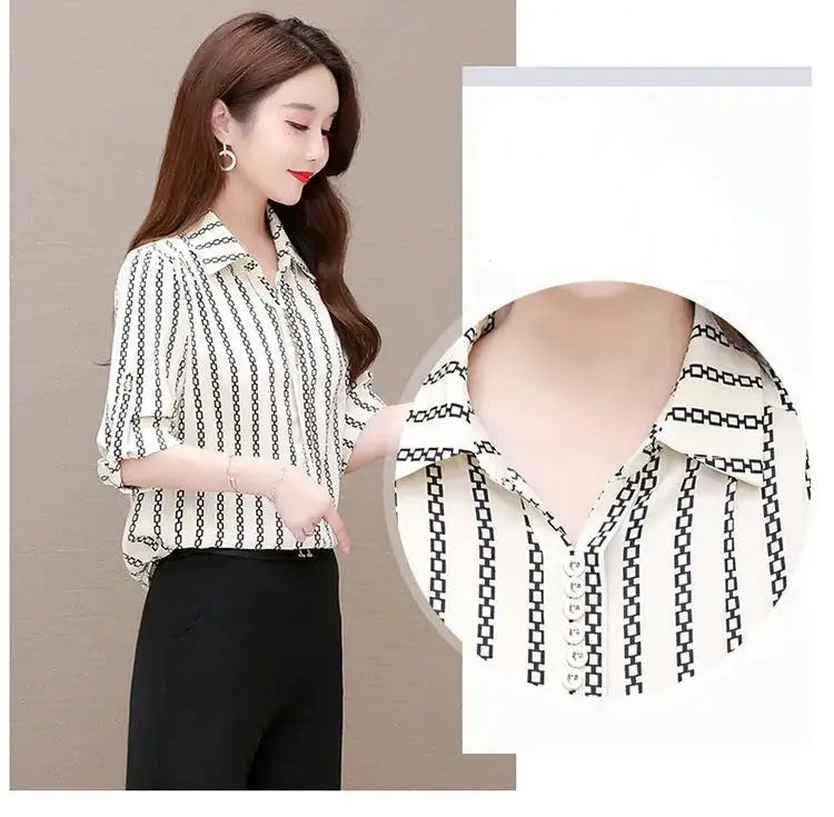 Stylish women's chiffon blouse with buttons & fold-over collar – Fenya-Khaki-L-The Livary
