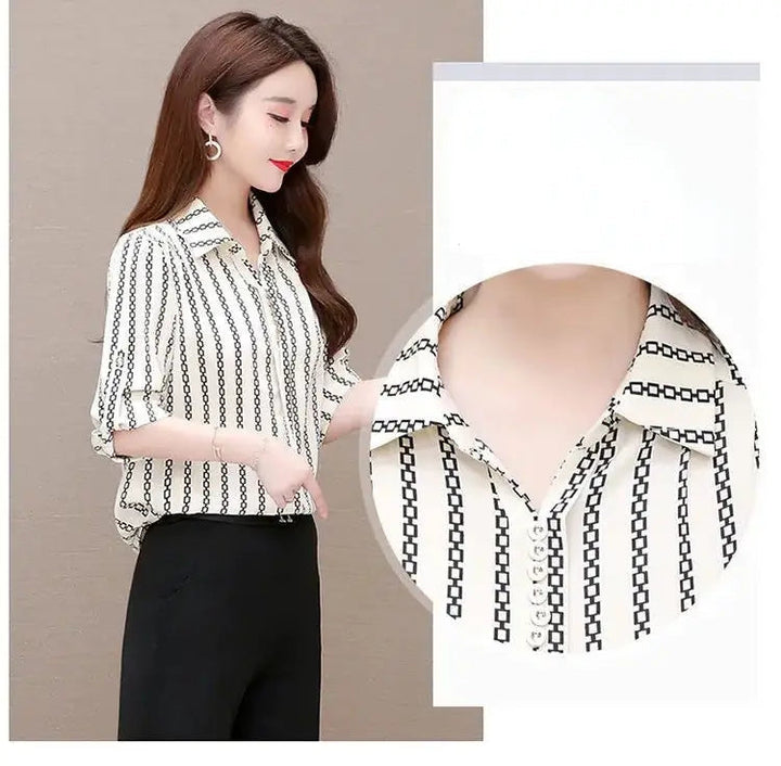 Stylish women's chiffon blouse with buttons & fold-over collar – Fenya-Khaki-L-The Livary
