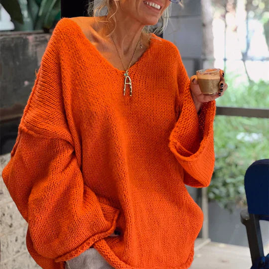 Trendy Ladies' Sweater with V-neck - Clara-Orange-S-The Livary