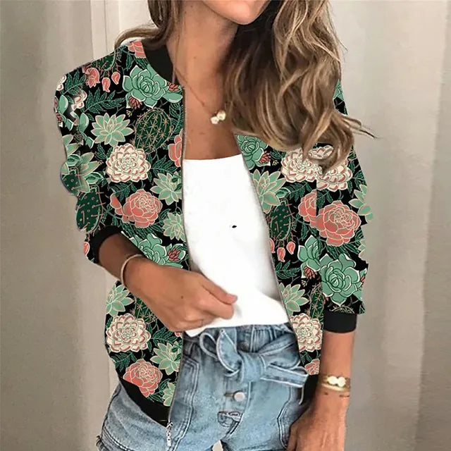 Trendy Printed Ladies Zipper Jacket - Faye-Green-S-The Livary