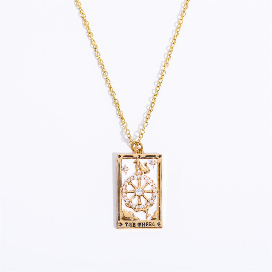 Zirconia Gold-Plated Tarot Drop Pendant Necklace - Amara-The Wheel-The Livary