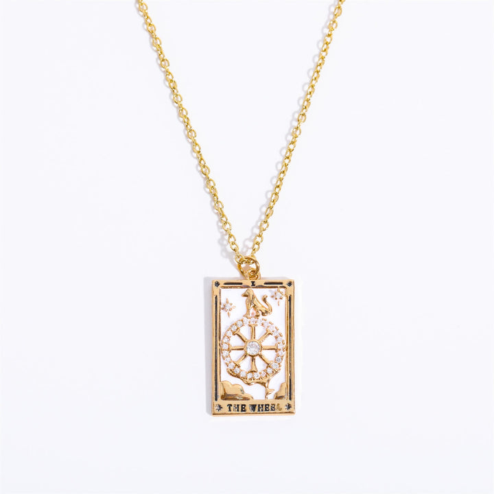 Zirconia Gold-Plated Tarot Drop Pendant Necklace - Amara-The Wheel-The Livary