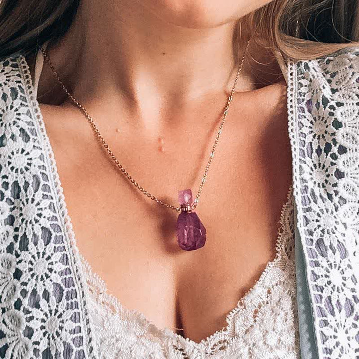 Crystal Perfume Bottle Necklace - Iris-Rose quartz-The Livary