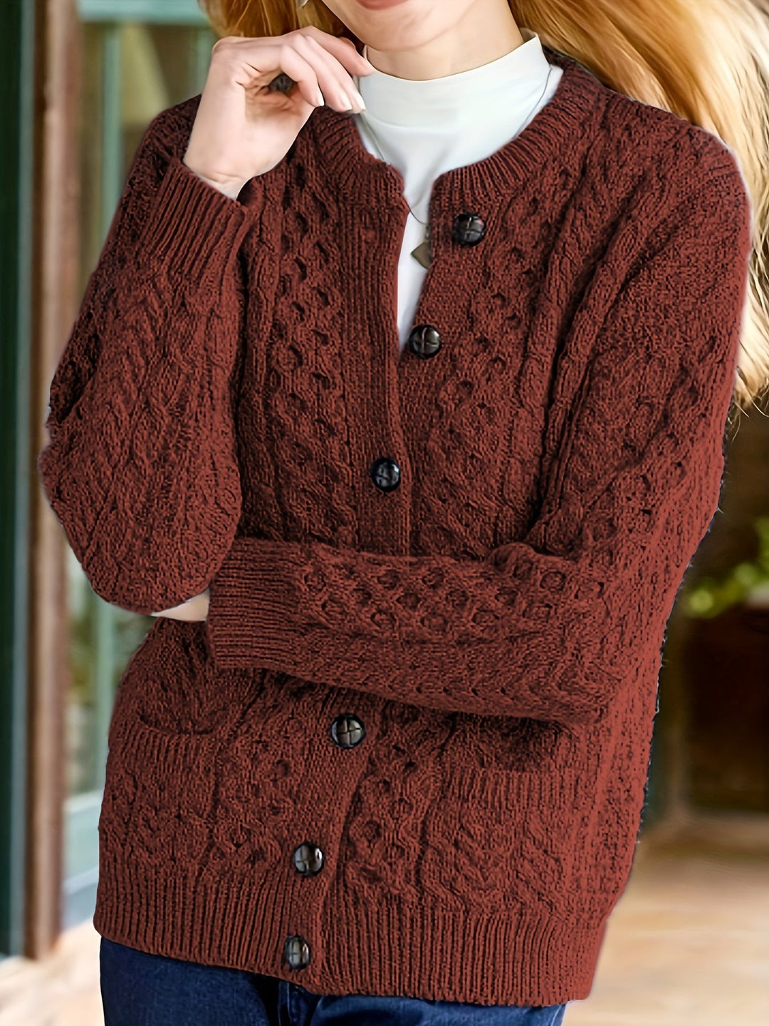 Plain Knitted Cardigan with Button Closure and Pockets - Olivia-Brown-S-The Livary