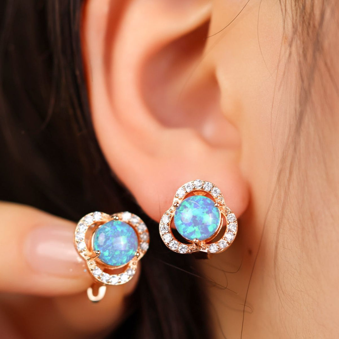 White Opal & Zircon Clover Leaf Earrings - Elara-Blue Opal and Rose Gold-The Livary