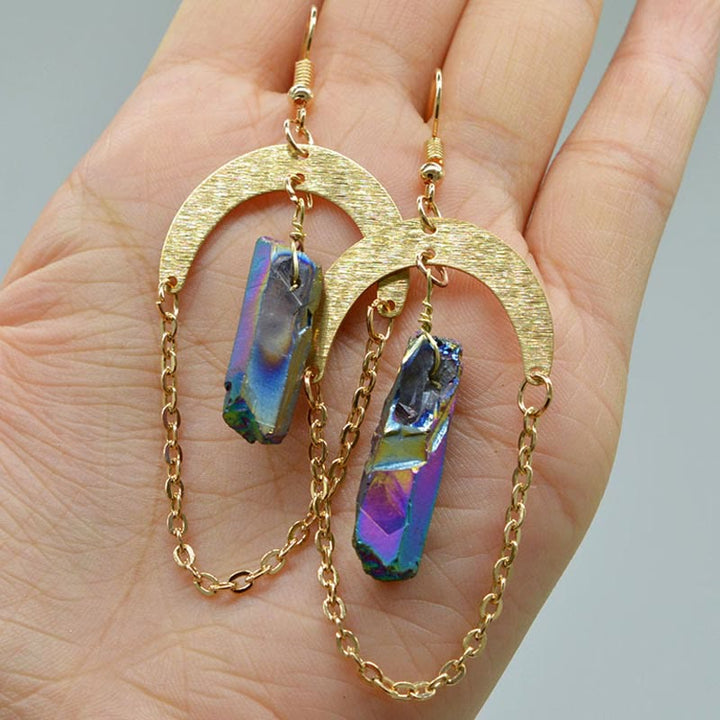 Natural Crystal Moon Stars Earrings - Elara-Labradorite-The Livary