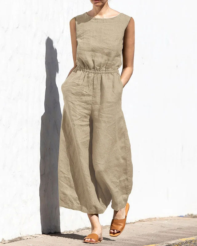 Sleeveless jumpsuit with wide leg – Aurelia-Khaki-S-The Livary