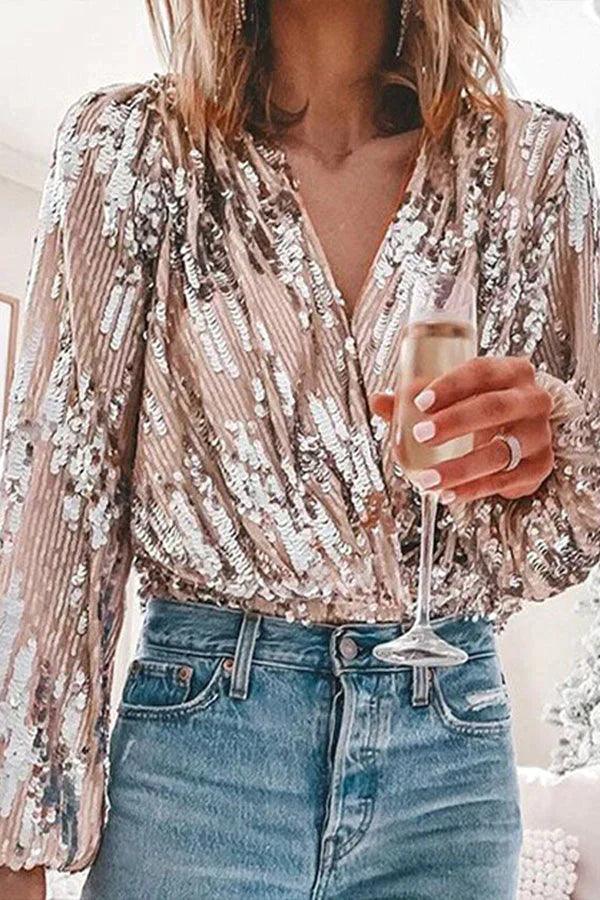 Sparkling & Stylish Women's Glitter V-Neck Long Sleeve Top – Naya-XS-The Livary