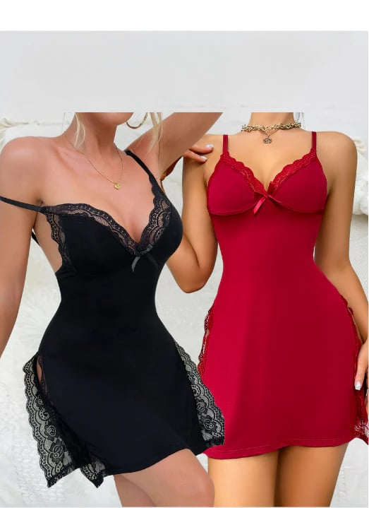 Seductive lace nightgown with V-neck – Loreen-Black+Red-S-The Livary