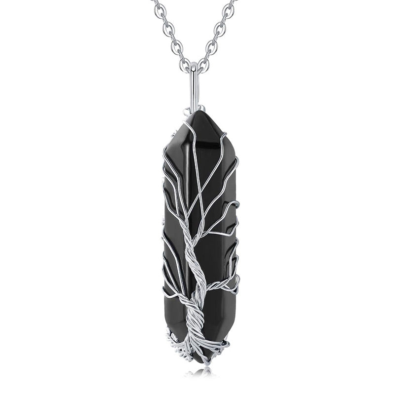 Stylish Crystal with Tree of Life Gemstone Necklace - Elara-Obsidian-The Livary