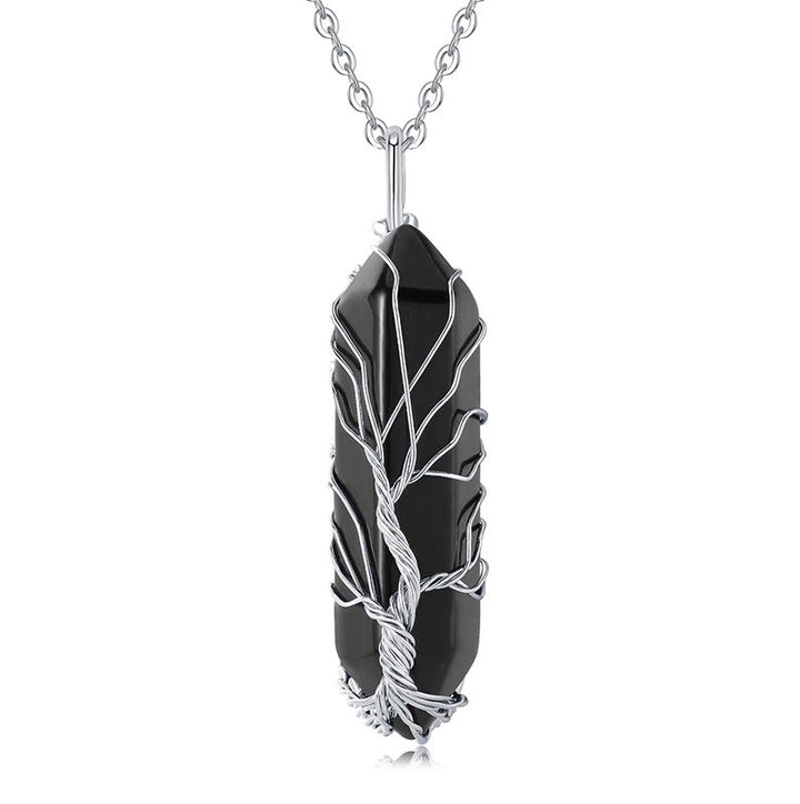 Stylish Crystal with Tree of Life Gemstone Necklace - Elara-Obsidian-The Livary