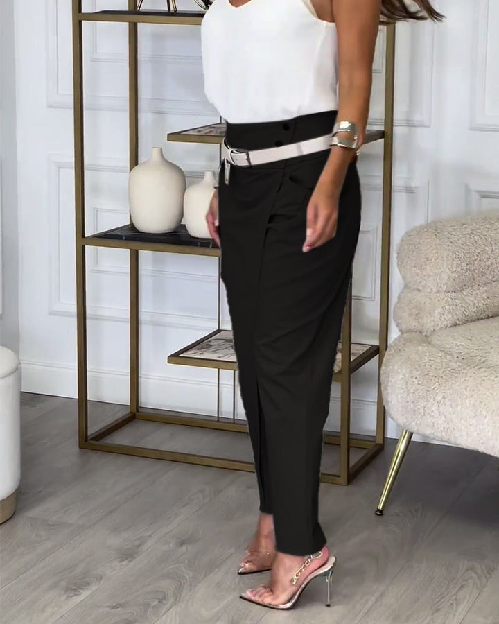 Trendy Ladies Patchwork Trousers with Belt - Liv-Grey-S-The Livary