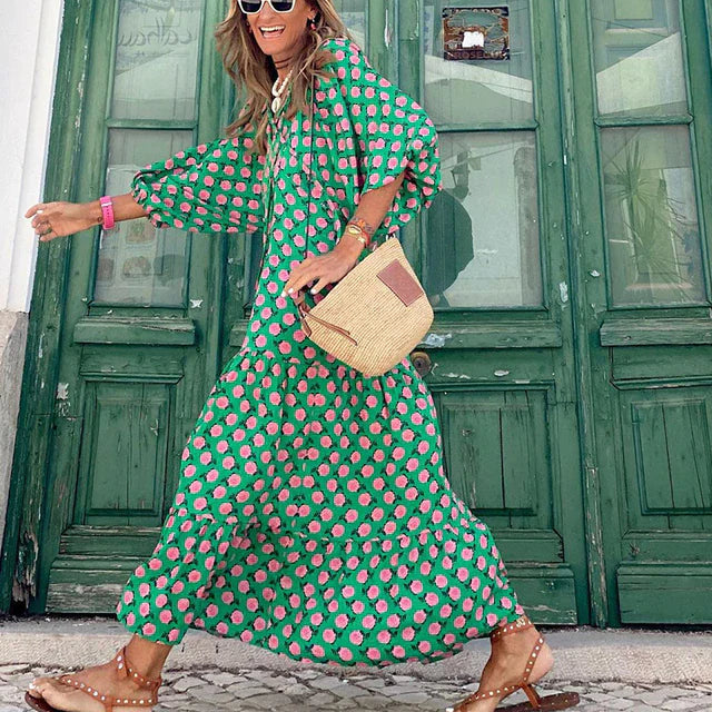 Boho summer dress in Ibiza style with a loose fit – Elira-Green & Roses-S-The Livary