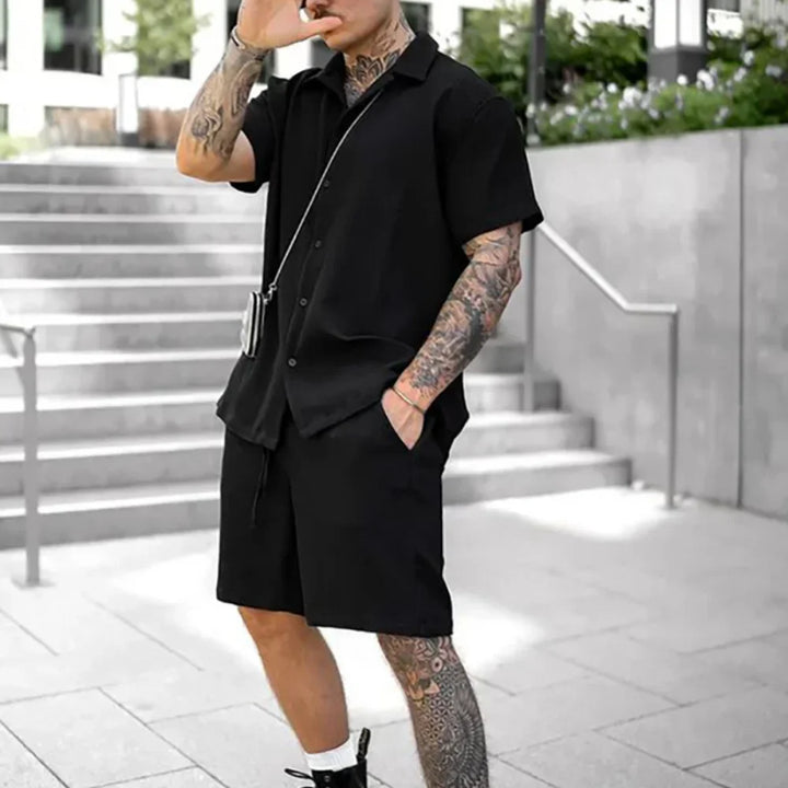 Two-piece summer set for men with shirt and shorts - Milan-Black-S-The Livary