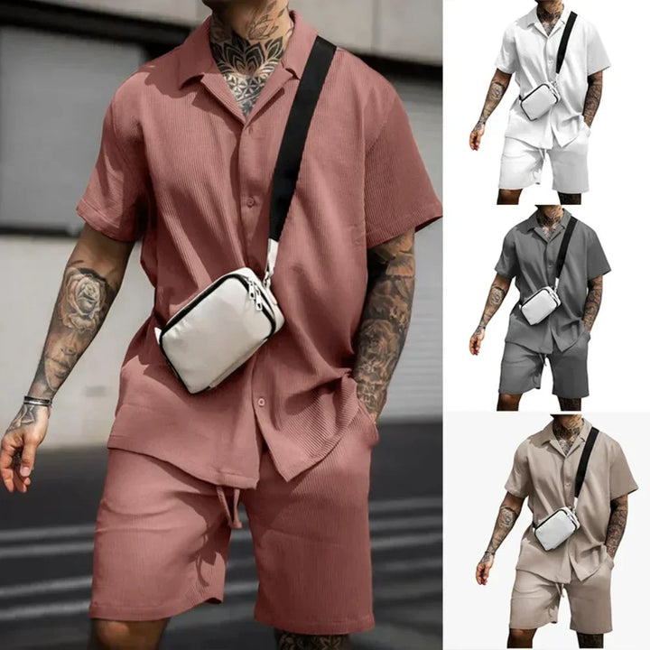 Two-piece summer set for men with shirt and shorts - Milan-Khaki-S-The Livary