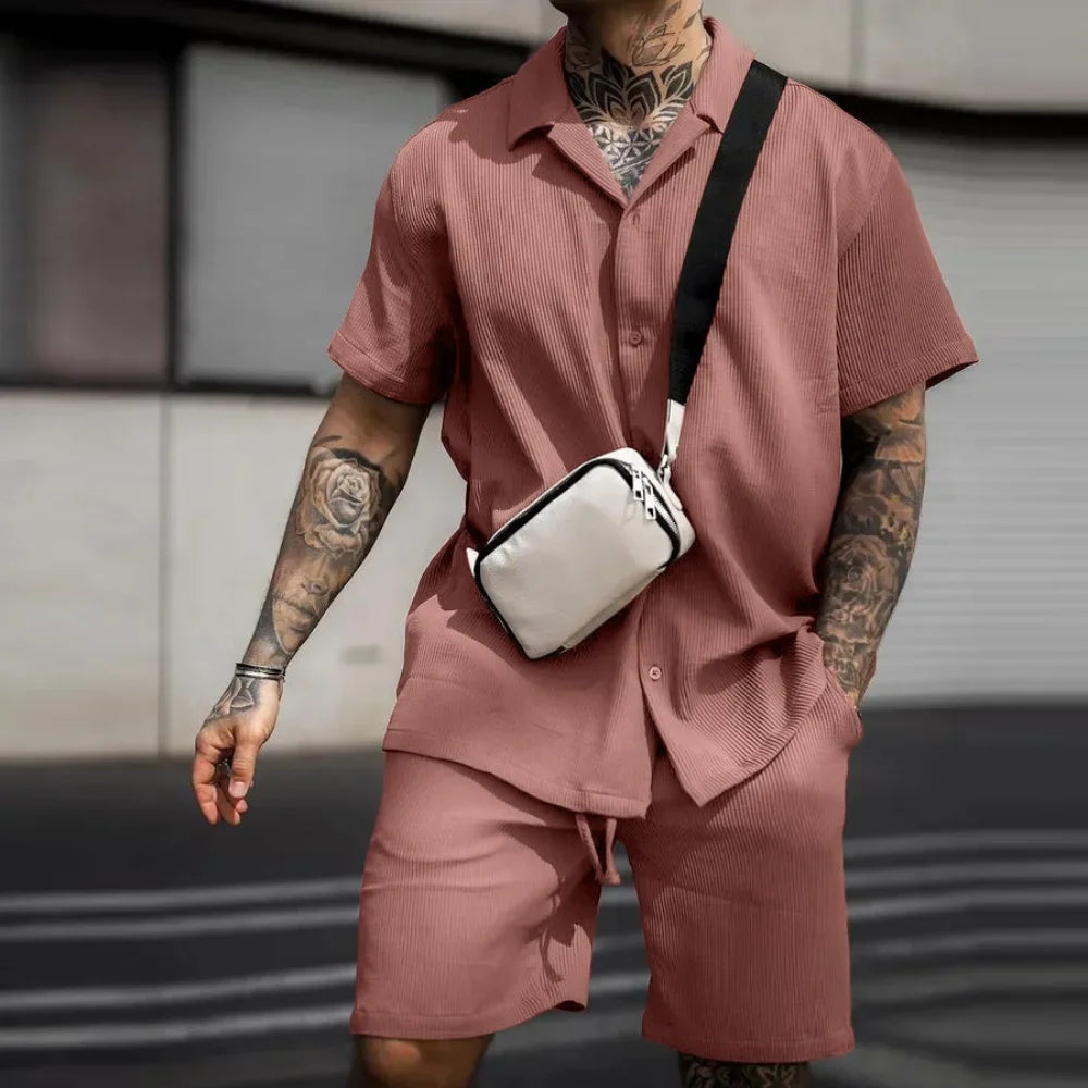 Two-piece summer set for men with shirt and shorts - Milan-Khaki-S-The Livary