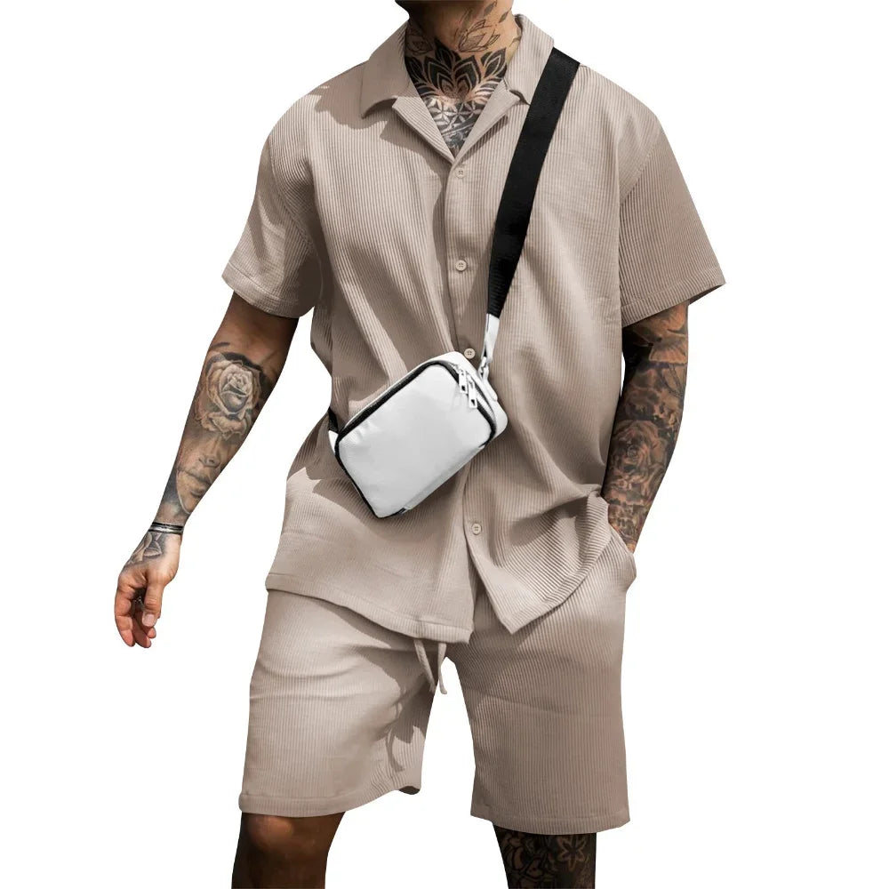 Two-piece summer set for men with shirt and shorts - Milan-Khaki-S-The Livary