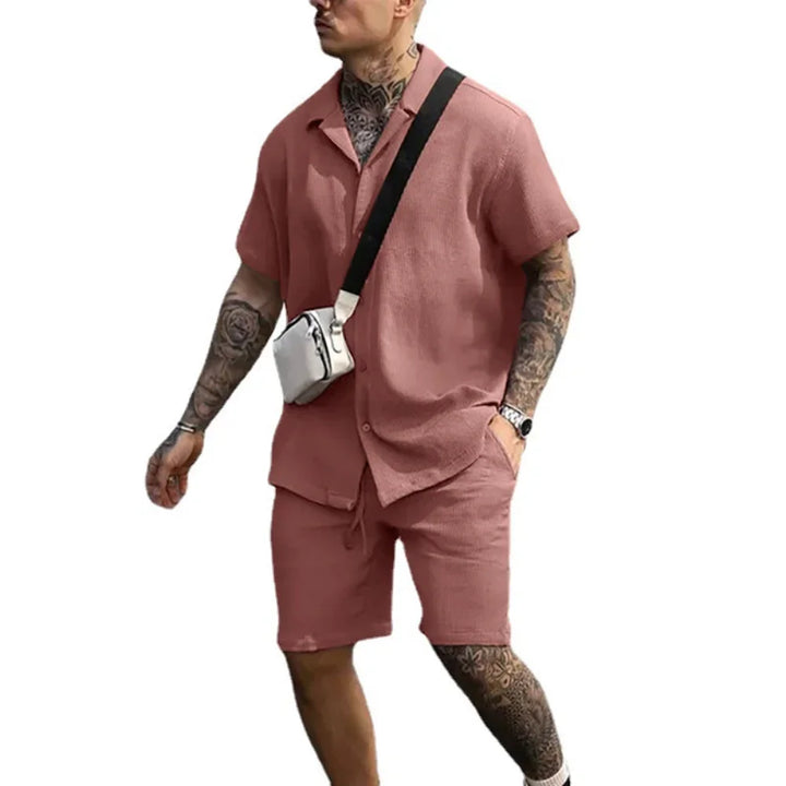 Two-piece summer set for men with shirt and shorts - Milan-Pink-S-The Livary