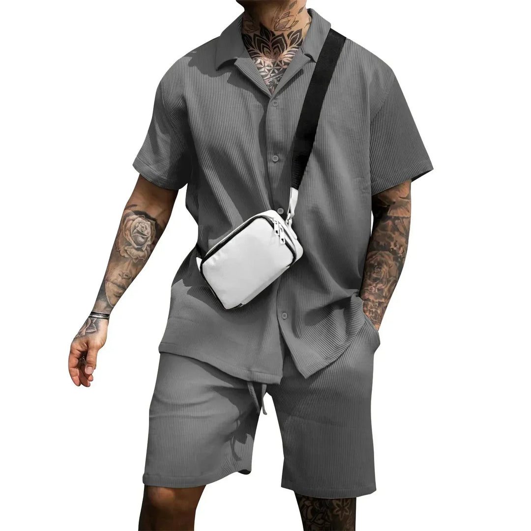 Two-piece summer set for men with shirt and shorts - Milan-Gray-S-The Livary