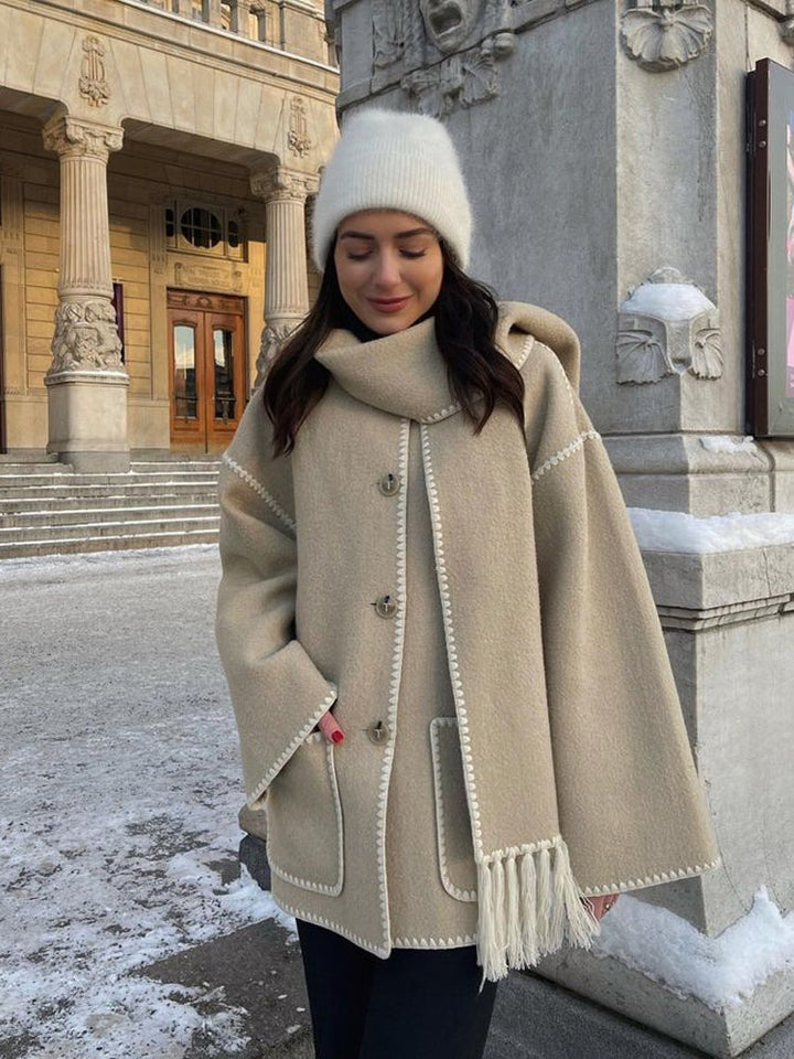 Ladies' Winter Coat with Scarf - Celeste-Beige-S-The Livary