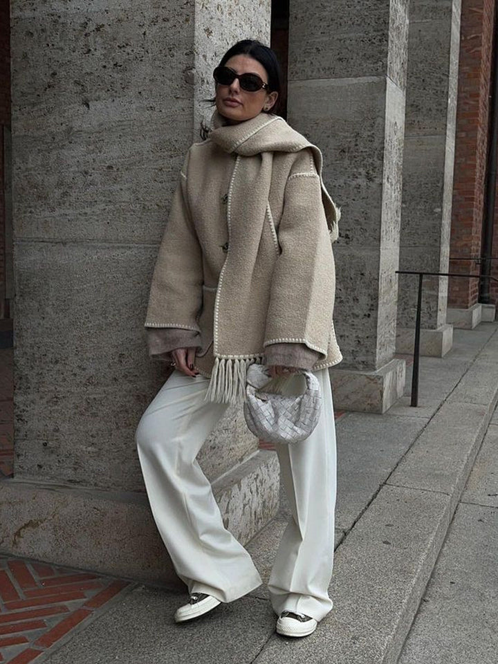 Ladies' Winter Coat with Scarf - Celeste-Beige-S-The Livary