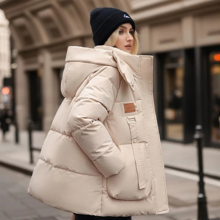Comfortable Women's Winter Coat with Down Filling - Amelina-Beige-M-The Livary