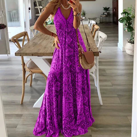 Summer Boho Maxi Dress with Floral Print – Isabella-Purple-S-The Livary