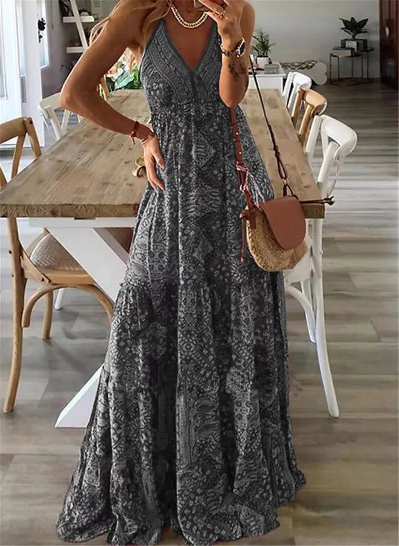 Summer Boho Maxi Dress with Floral Print – Isabella-Gray-S-The Livary