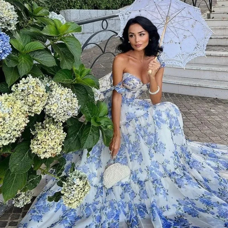 Vintage Blue Floral Print Strapless Evening Dress - Elena-Blue-XS-The Livary